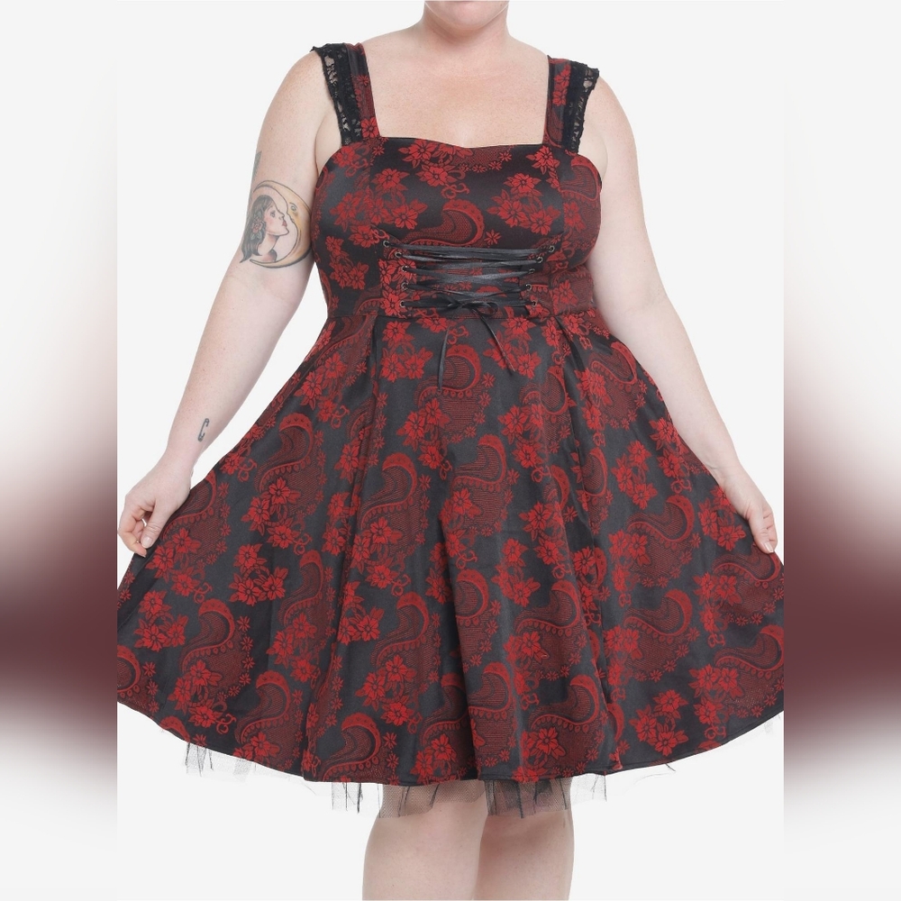 Black & Red Brocade Lace Trim Dress Plus Size 2X NWT